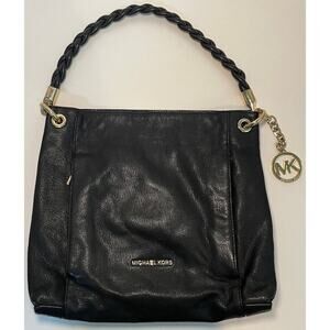 Michael Kors black leather Shoulder Bag Braided Strap Gold Logo Chain